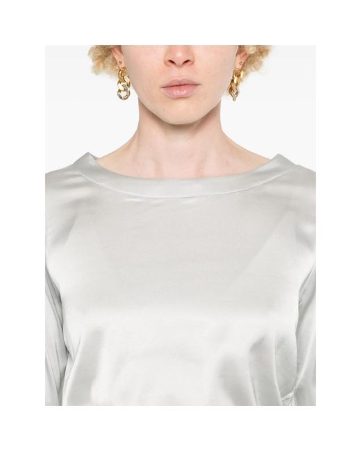 Mazzarelli White Boat-Neck Satin Blouse