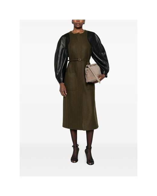 Fendi Green Leather-Sleeves Wool Coat