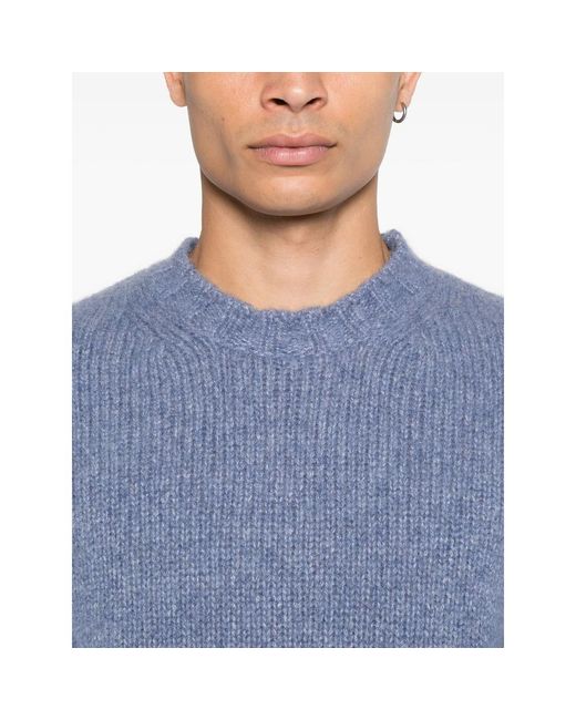 Fedeli Blue Ribbed Crew-Neck Sweater for men