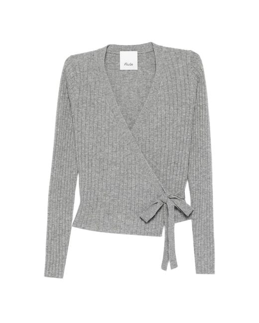Allude Gray Ribbed Self-Tie Cardigan