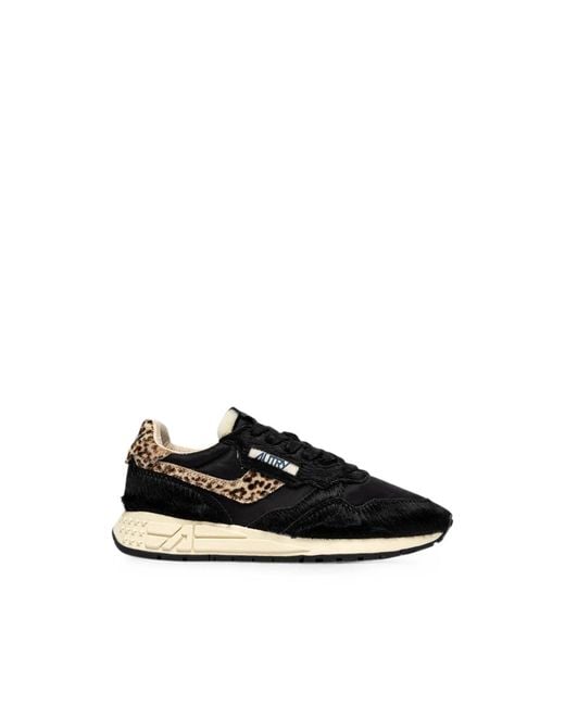 Autry Black Reelwind Low Leopard-Print Pony-Hair Sneakers