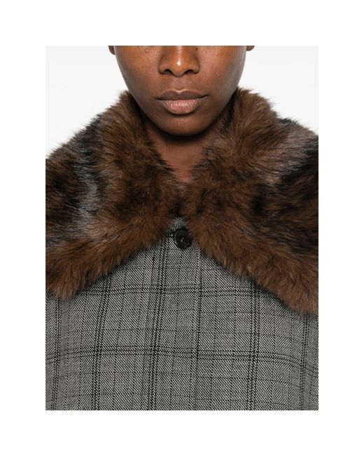 Tela Gray Check Faux-Fur Collar Coat