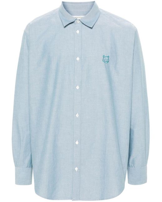 Maison Kitsuné Blue Contour Fox Head-Embroidery Cotton Shirt for men