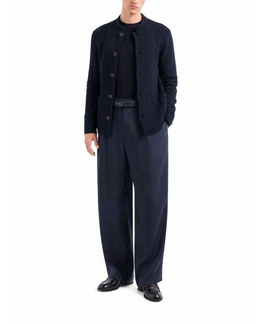 Giorgio Armani Blue Zigzag-Embroidery Buttoned Cardigan for men