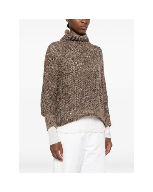 Panicale Brown Sequin-Embellished Roll-Neck Sweater