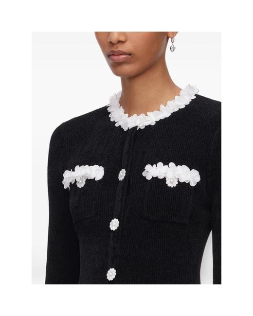 Self-Portrait Black Chenille Knit Flower-Trim Mini Dress