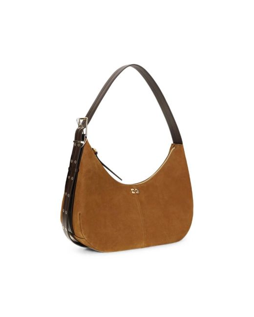 Ganni Brown Logo-Plaque Suede Shoulder Bag