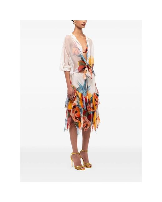 Donde Esteban Orange Ruffled Chiffon Silk Midi Skirt