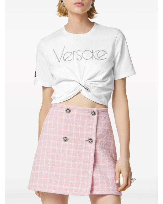 Versace White Logo-Embellished Cropped Cotton T-Shirt
