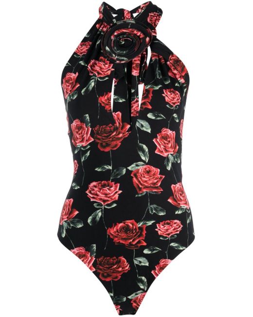 Magda Butrym Red Floral-print Keyhole-neck Bodysuit