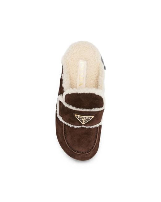 Prada Brown Shearling-Trim Logo-Plaque Suede Mules