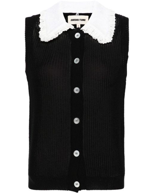 ShuShu/Tong Black Lace-Embellished Sleeveless Cardigan