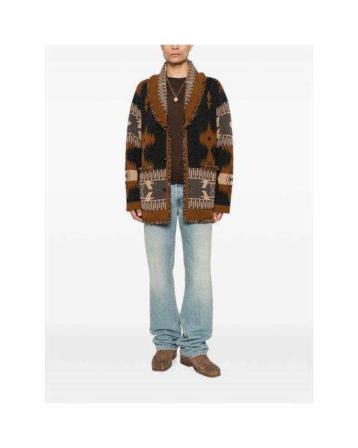 Alanui Brown Jacquard-Knit Fringed Cardigan for men