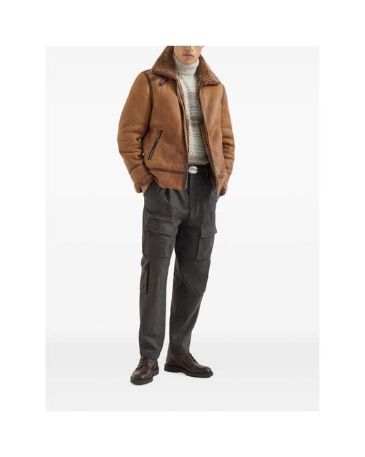Brunello Cucinelli Brown Shearling Aviator Jacket for men