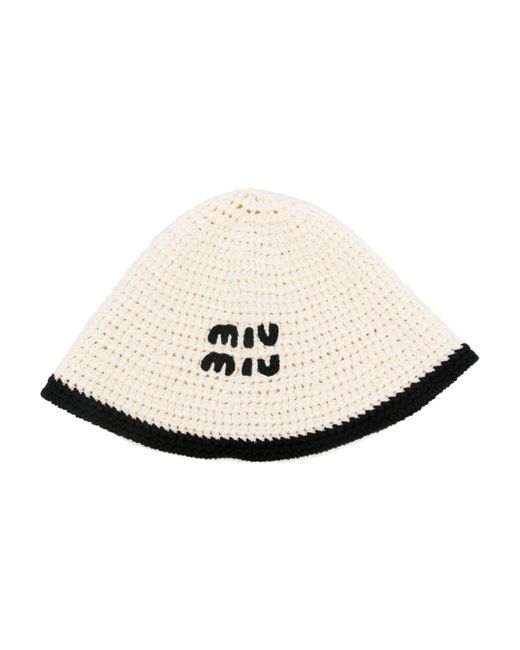 Miu Miu White Logo-Embroidered Crochet Bucket Hat