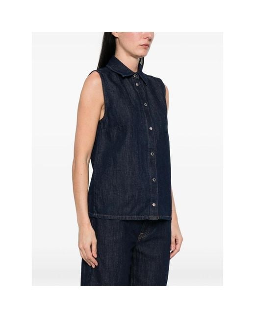 7 For All Mankind Blue Sleeveless Snap-Button Shirt