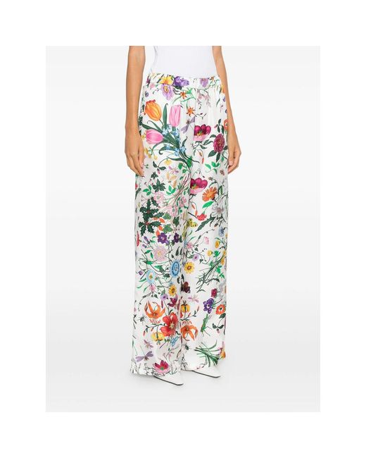 Gucci White Flora-Print Silk Palazzo Pants
