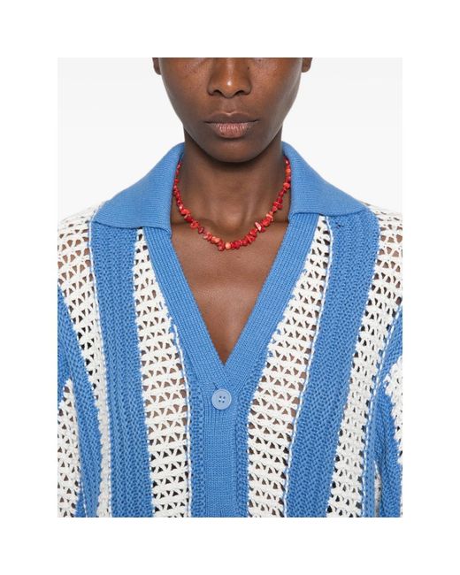 Stine Goya Blue Striped Open-Knit Cardigan