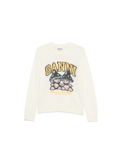 Ganni White Intarsia-Knit Sweater
