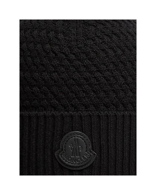 Moncler Black Logo-Patch Beanie Hat for men