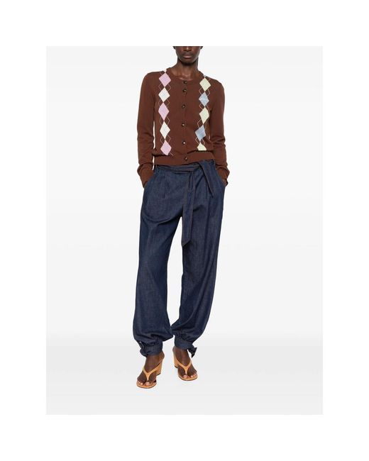 Ganni Brown Argyle-Pattern Button-Up Cardigan
