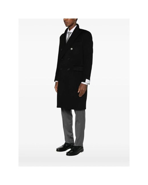 Caruso Black Double-Breasted Peaked-Lapel Coat for men