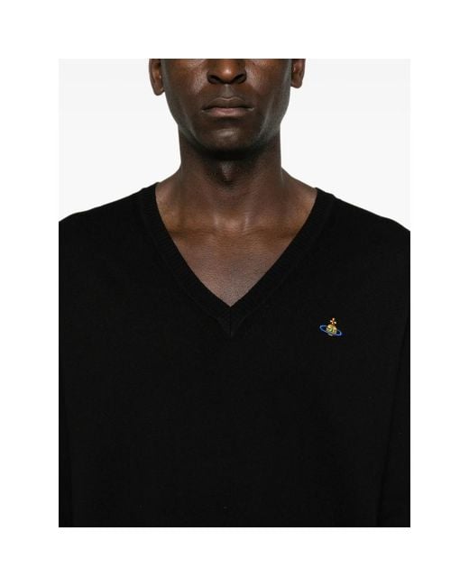 Vivienne Westwood Black Mark Orb-Embroidered V-Neck Sweater for men