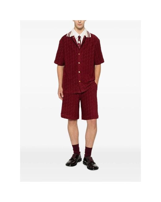 Drole de Monsieur Red Monogram-Jacquard Striped-Collar Shirt for men