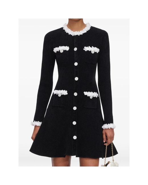 Self-Portrait Black Chenille Knit Flower-Trim Mini Dress
