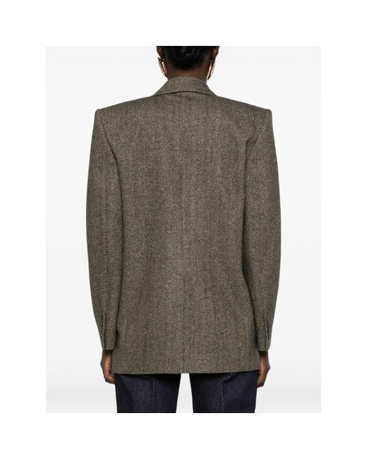 Saint Laurent Brown Herringbone-Pattern Double-Breasted Blazer