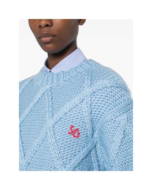 Stine Goya Blue Cable-Knit Embroidered-Logo Sweater