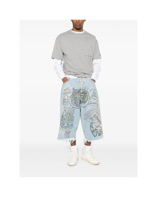 Secnd Slf Blue Graphic-Print Raw-Cut Shorts for men