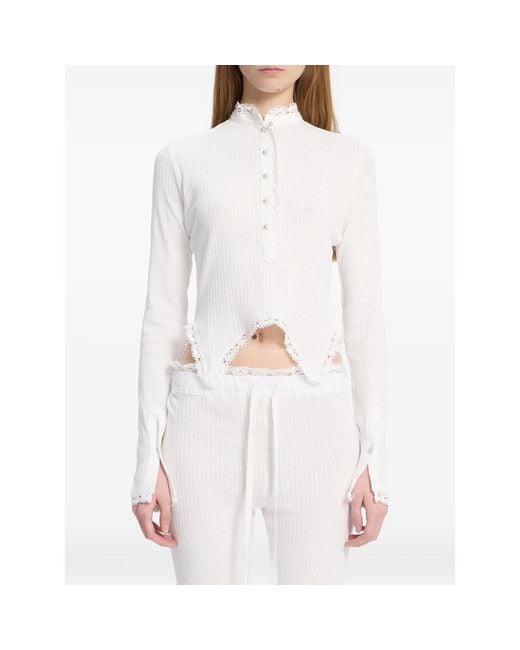 Ann Demeulemeester White Lace-Trim Ribbed Top