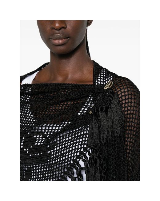 Chiara Is Black Scialle Rosa Crochet Fringe-Trimmed Poncho
