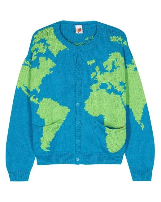 Sky High Farm Blue World Map-Embroidery Cardigan for men