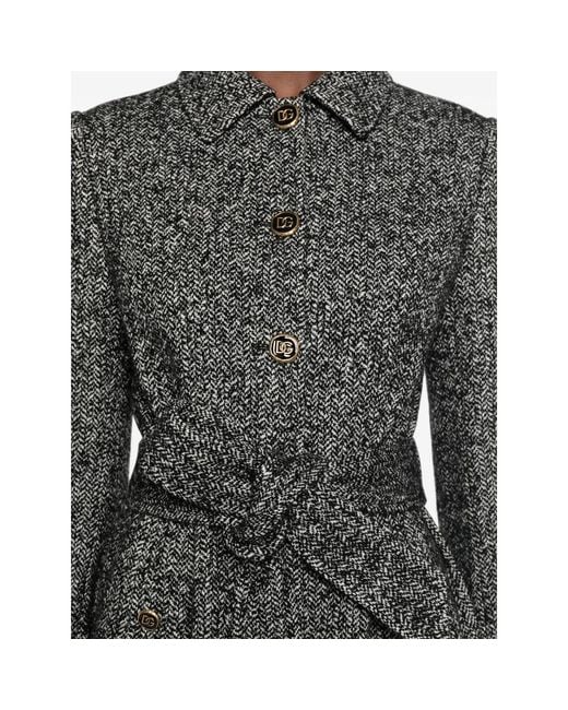 Dolce & Gabbana Gray Herringbone-Pattern Belted Single-Breasted Coat