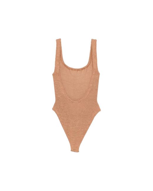 Hunza G Brown Square-Neck Crinkle-Effect Swimsuit