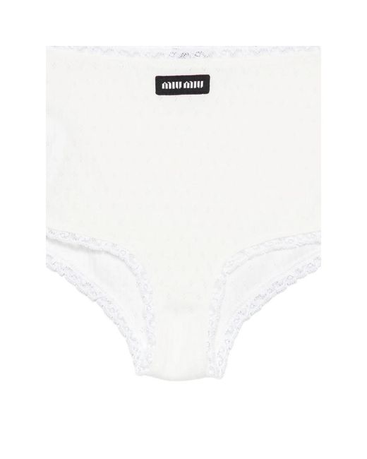 Miu Miu Logo-Patch Lace-Trim Cotton Briefs in White | Lyst