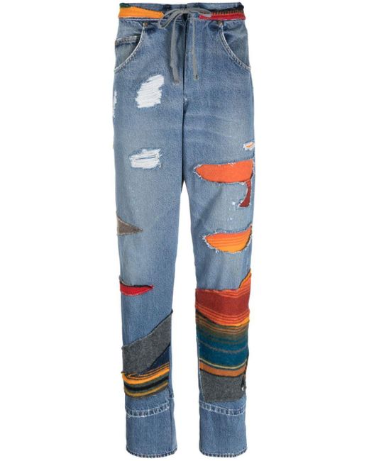 Greg Lauren Blue Patchwork Mid-Rise Tapered Jeans for men