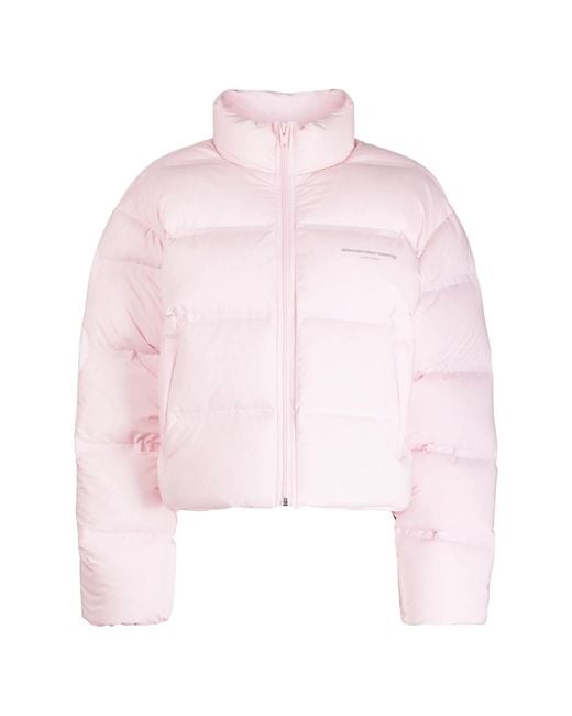 Alexander Wang Pink Reflective-Logo Cropped Puffer Jacket