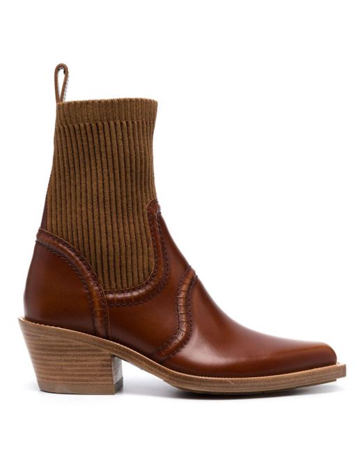 Chloé Brown Elasticated-Panelling Leather Pointed Boots