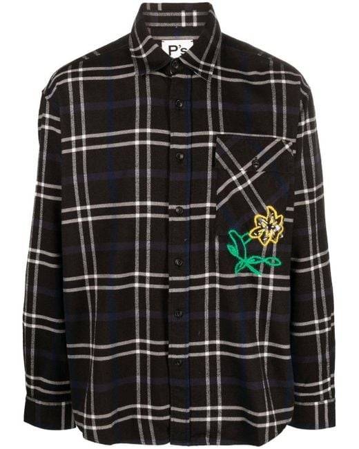 President's Black Plaid-check Cotton Embroidered Shirt for men
