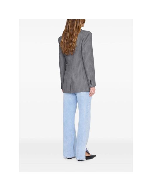 Anine Bing Gray Pinstripe-Pattern Double-Breasted Blazer