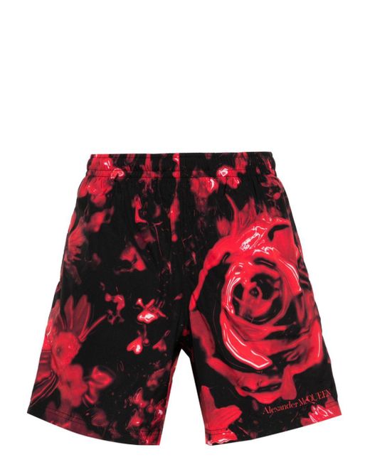 Alexander McQueen Red Wax Flower Swim Shorts for men