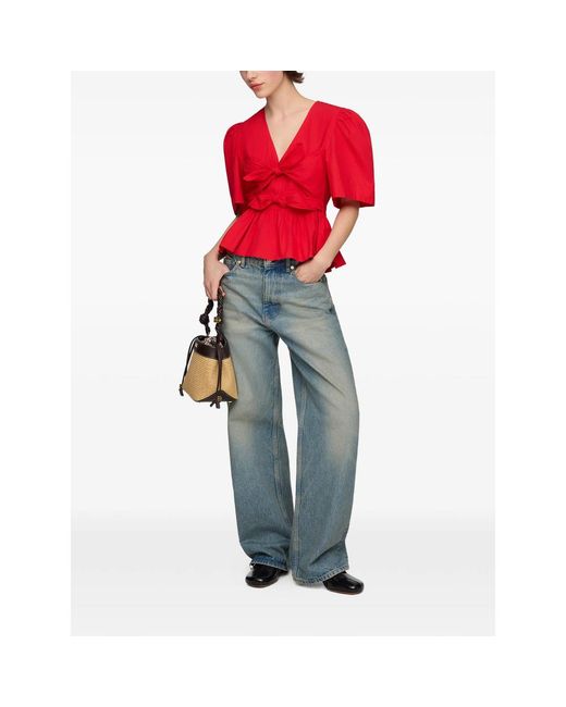 Ganni Red Cotton Poplin Bow Blouse