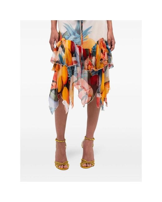 Donde Esteban Orange Ruffled Chiffon Silk Midi Skirt