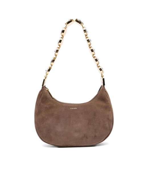 L'ALINGI Brown Crystal-Embellished Suede Shoulder Bag