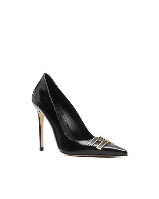 Elisabetta Franchi Black Point Toe Stiletto Heels With Logo Plaque