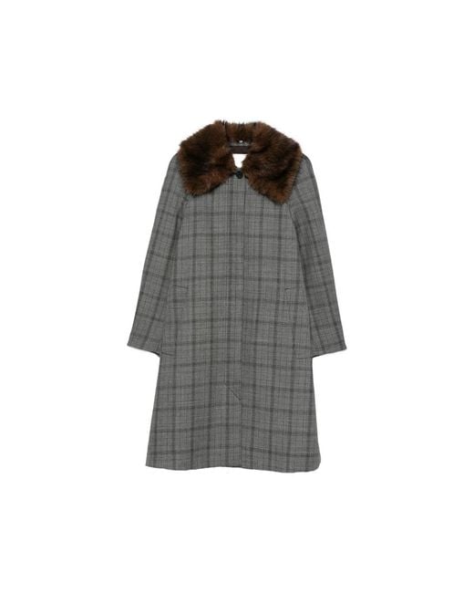 Tela Gray Check Faux-Fur Collar Coat
