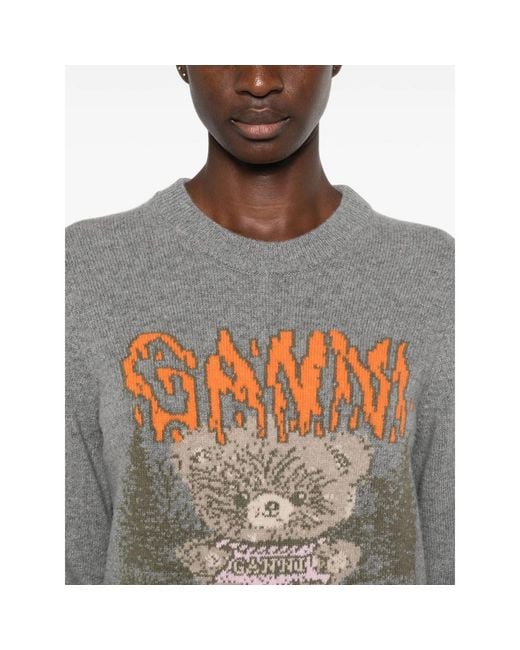 Ganni Gray Graphic-Intarsia Sweater